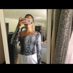 Snakeskin off the shoulder bodysuit